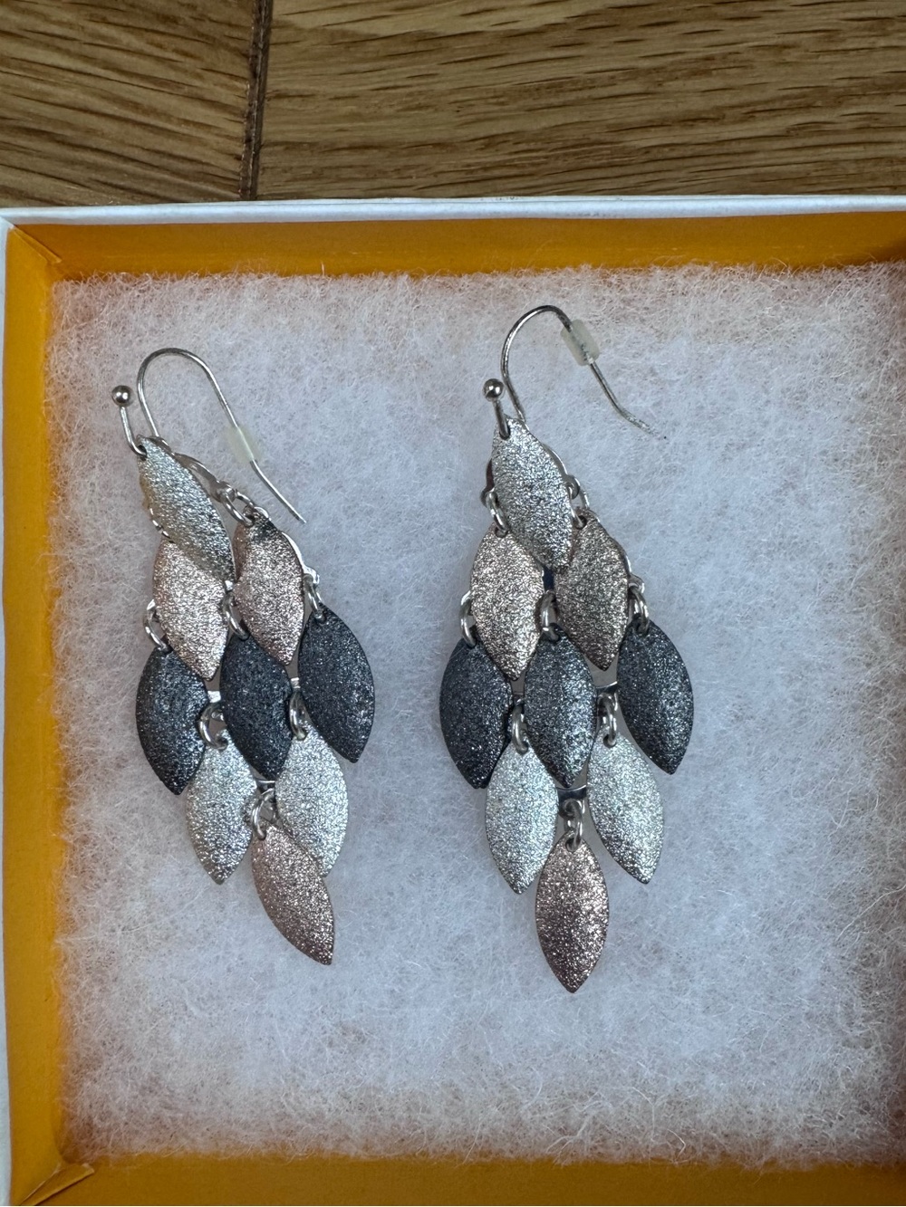Silver, Rose Gold, and Black Multi-Tone Leaf Dangle Earrings